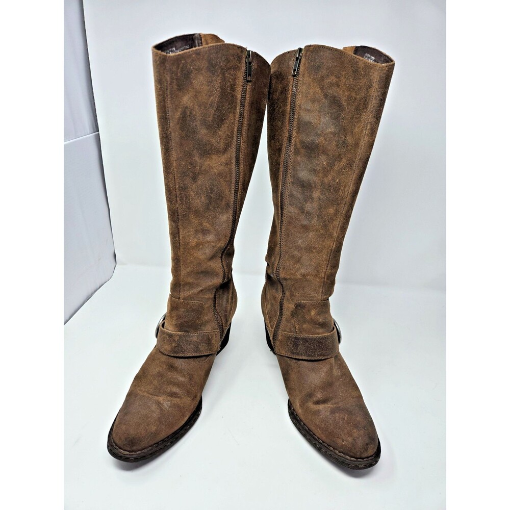 Born Brown Suede Harness Knee-High Boots Sz 9.5 Western Boho Riding Buckle